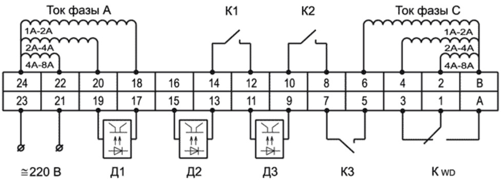 Рис.1. Основная схема подключения устройств серии РЗЛ-03.1хх